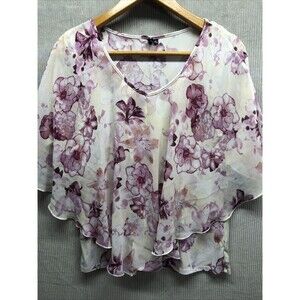 Zero 2 eight Womens Blouse Size XL Off White Purple Floral Sheer